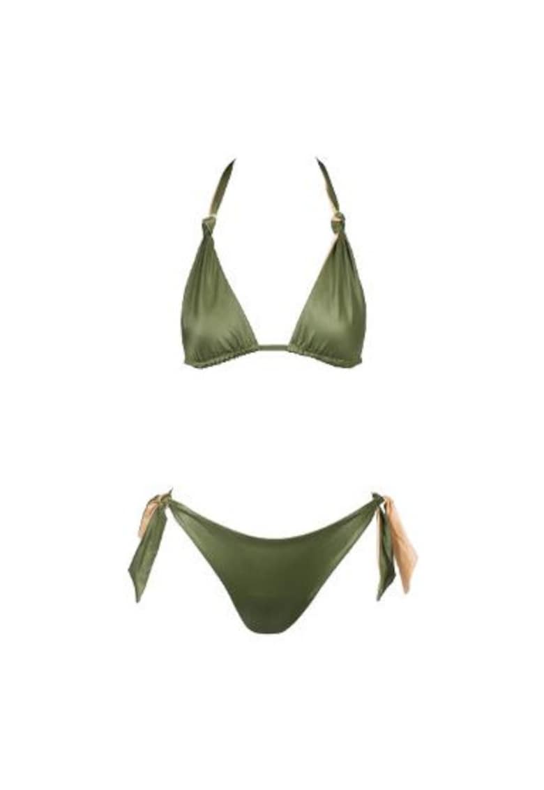costum in doua piese reversibil cu sutien triunghilar si slip legat pe lateral - Verde