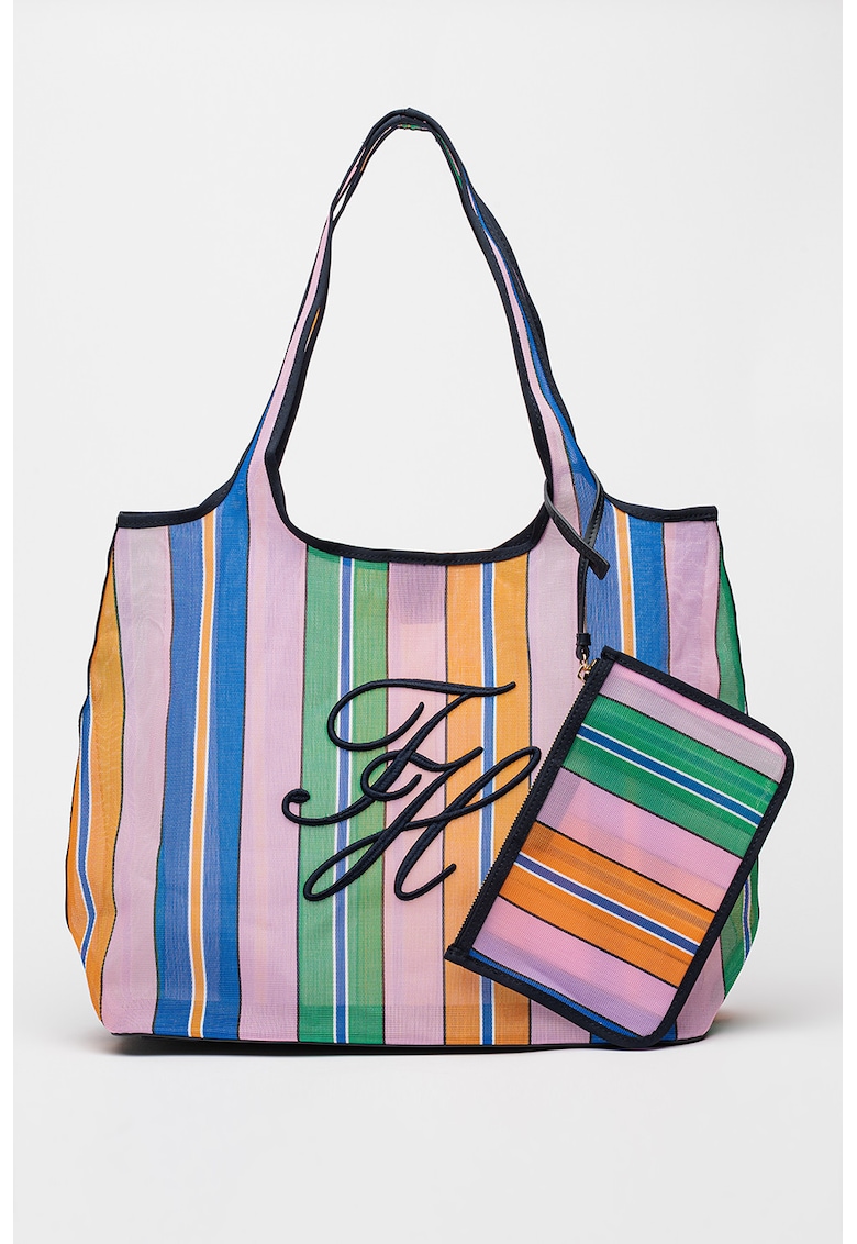 Geanta tote cu model in dungi si etui asortat - Multicolor