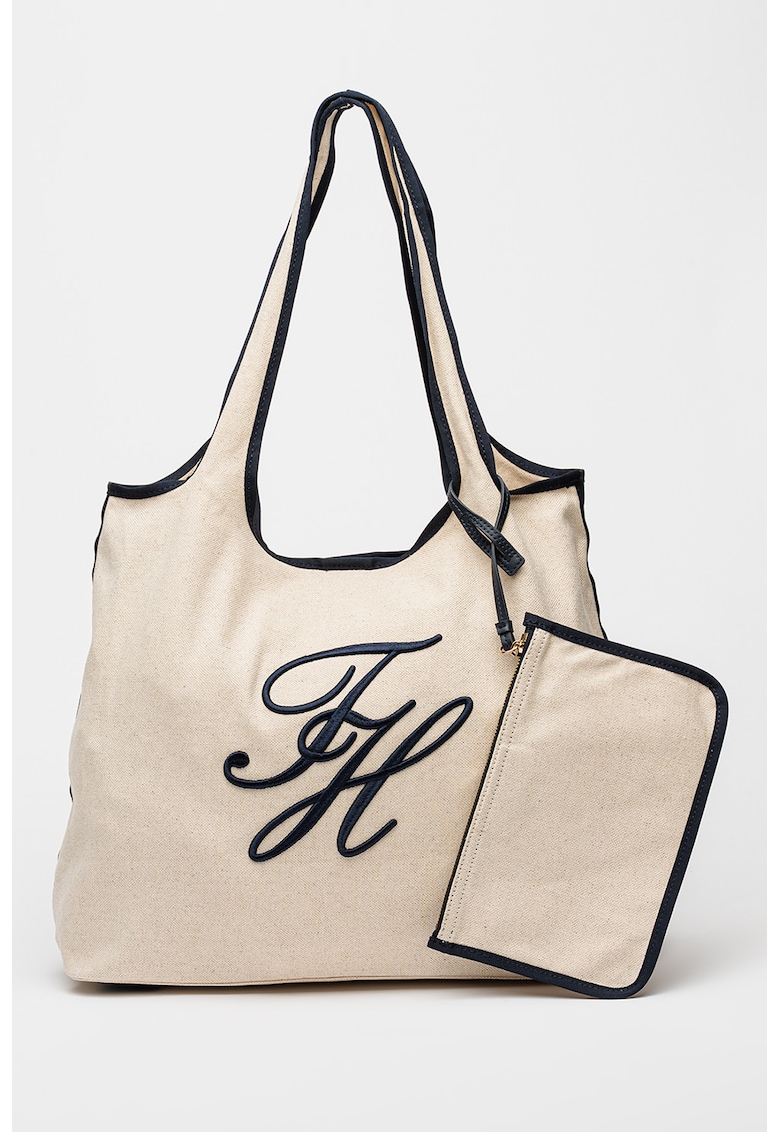 Geanta tote din amestec de in si bumbac cu broderie logo - Negru/Crem