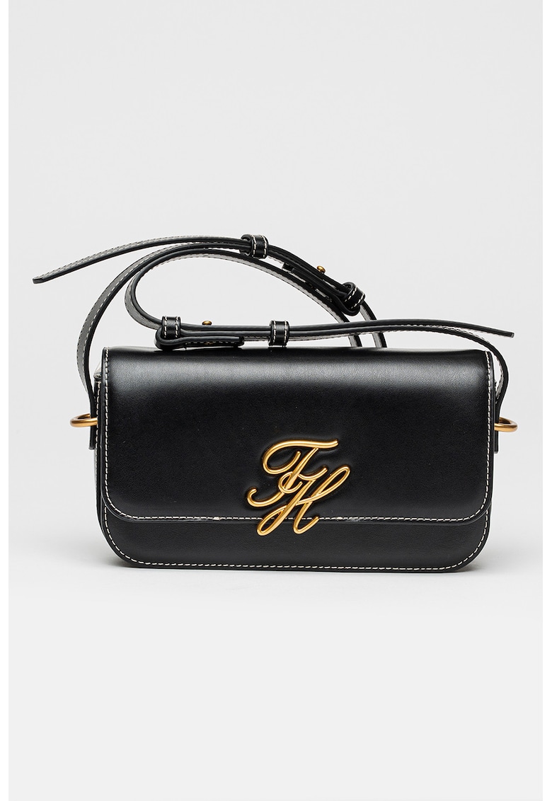 Geanta crossbody de piele cu logo metalic - Negru