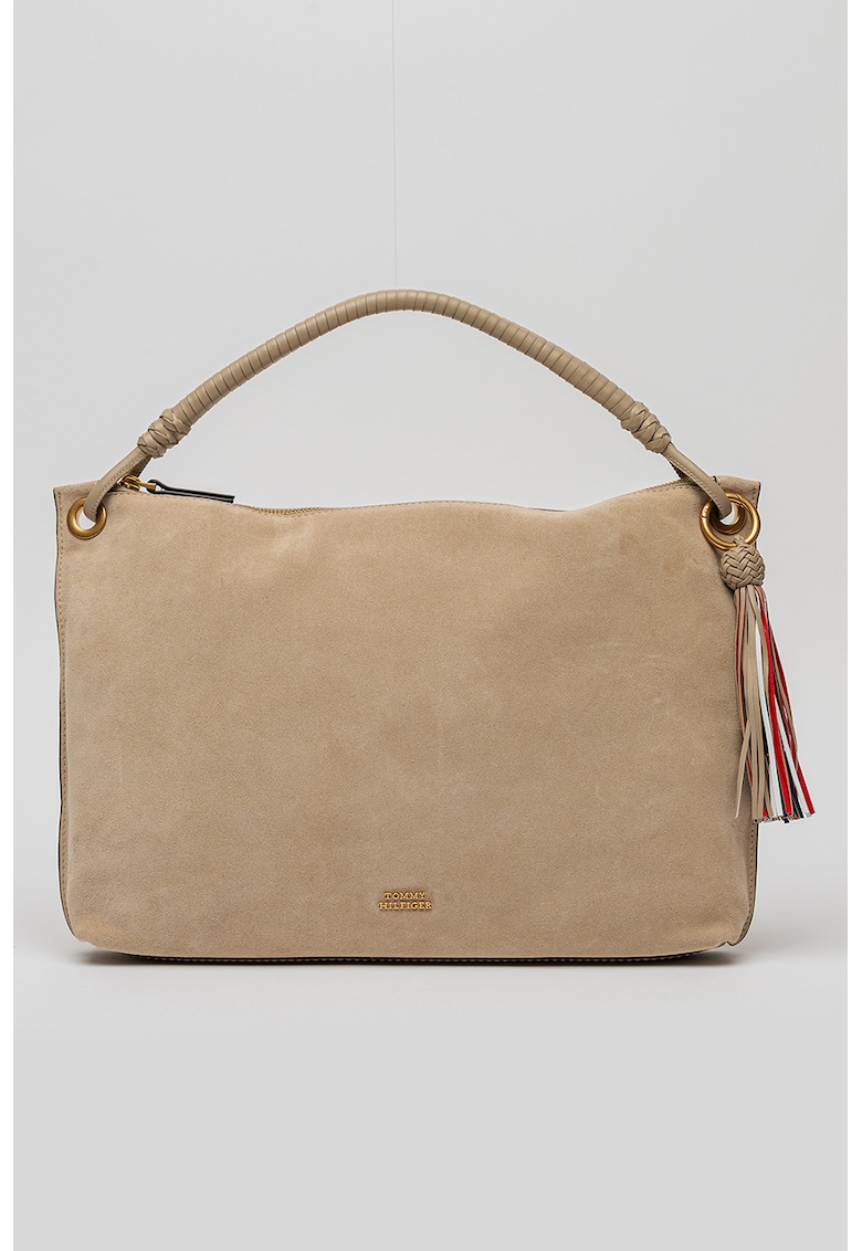Geanta de piele intoarsa cu maner si canaf Statement - Maro camel