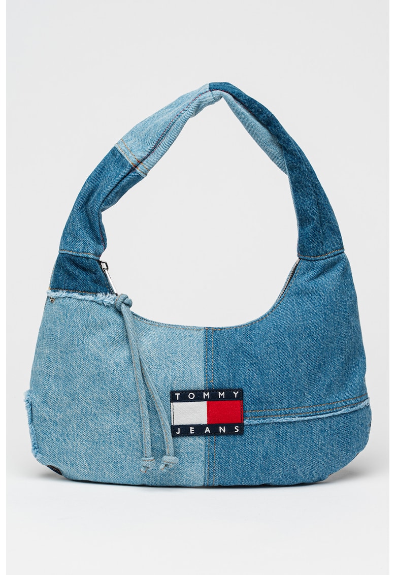 Geanta din denim cu bareta de umar si logo - Albastru