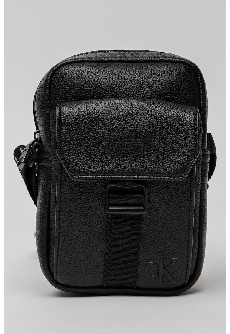 Geanta crossbody reporter cu bareta subtire si clapa Webbing - Negru