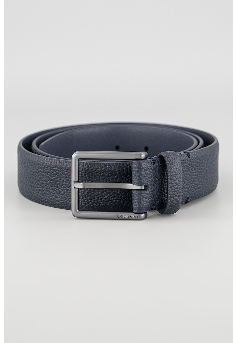 Curea din piele granulata si logo metalic Warmth - Bleumarin