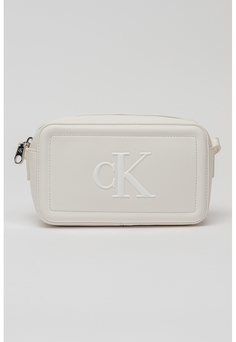 Geanta crossbody de piele ecologica cu logo in relief - Alb murdar