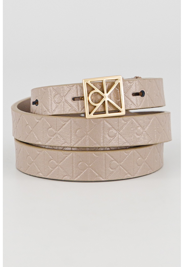 Curea de piele cu model monograma - Maro taupe deschis