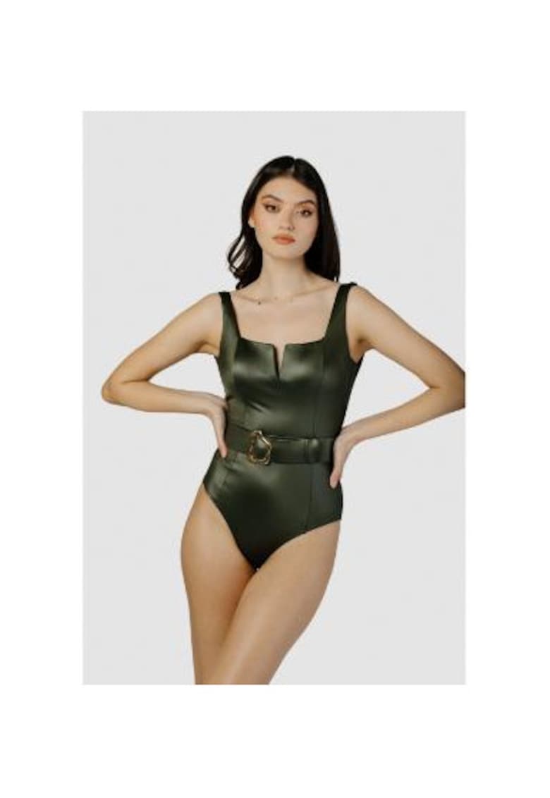 Costum de baie intreg cu decolteu patrat si curea in talie - Verde