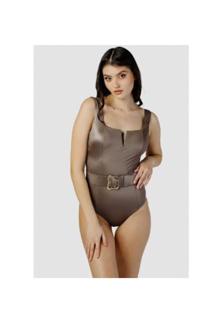 Costum de baie intreg cu decolteu patrat si curea in talie - Maro