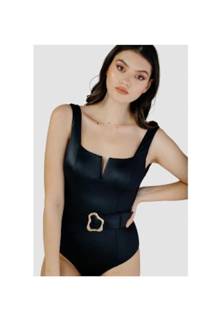 Costum de baie intreg cu decolteu patrat si curea in talie - Negru