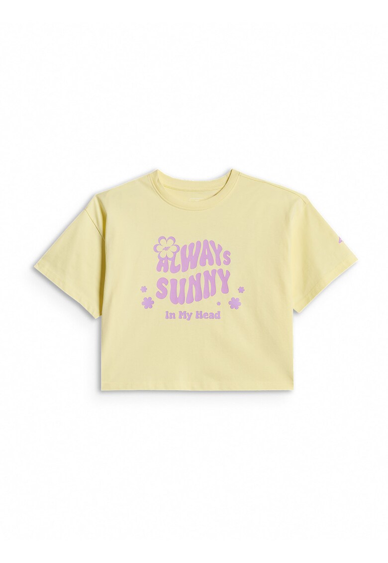 Tricou sport pentru fete - croiala lejera - imprimeu - galben/mov - bumbac