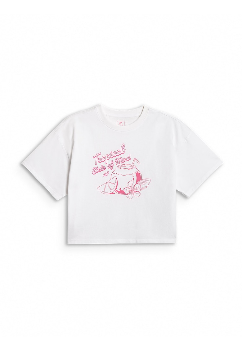 Tricou sport crop top - pentru fete - imprimeu grafic - alb/roz - bumbac