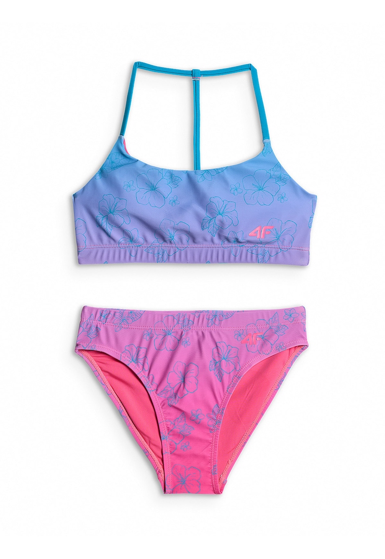 Costum de baie pentru fete doua piese - roz/albastru - uscare rapida - bretele fara ajustare - poliester|elastan