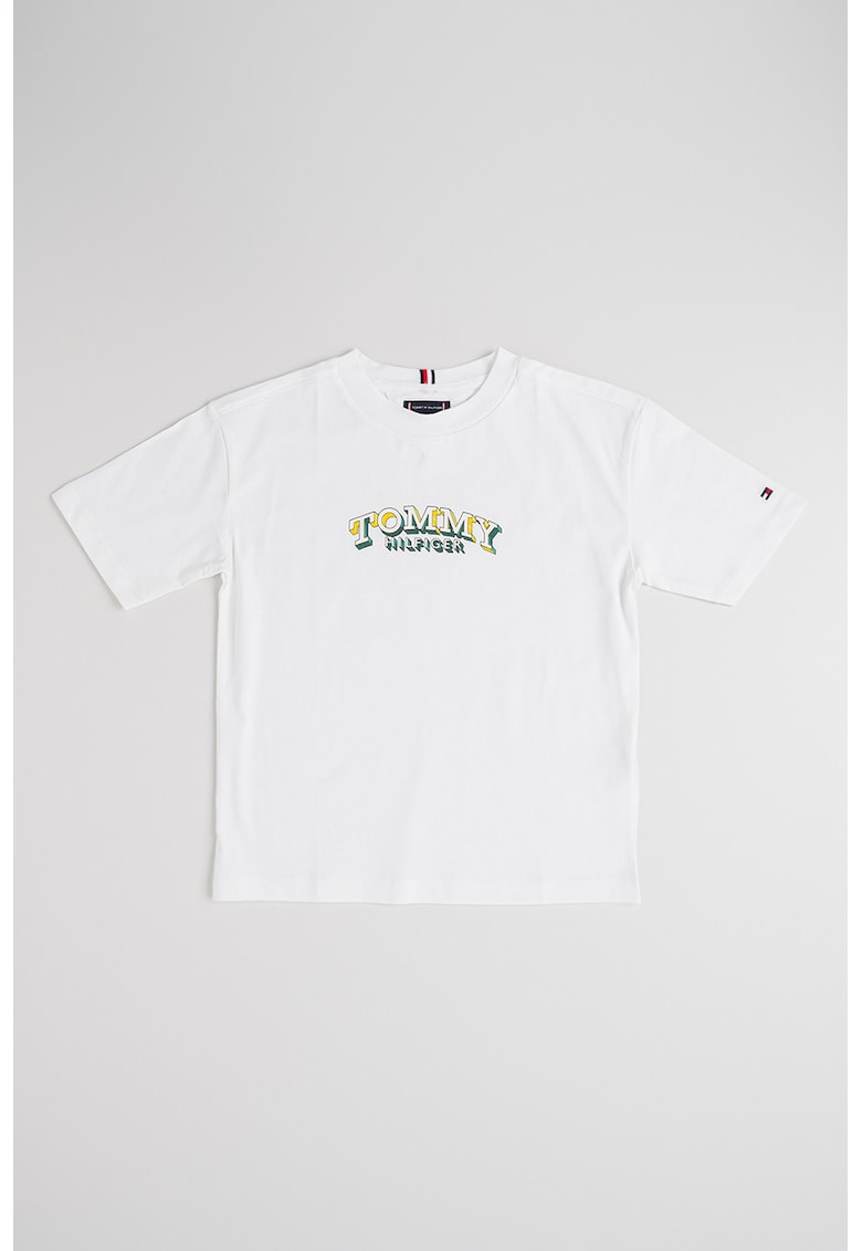 Tricou din bumbac cu imprimeu logo contrastant - Alb