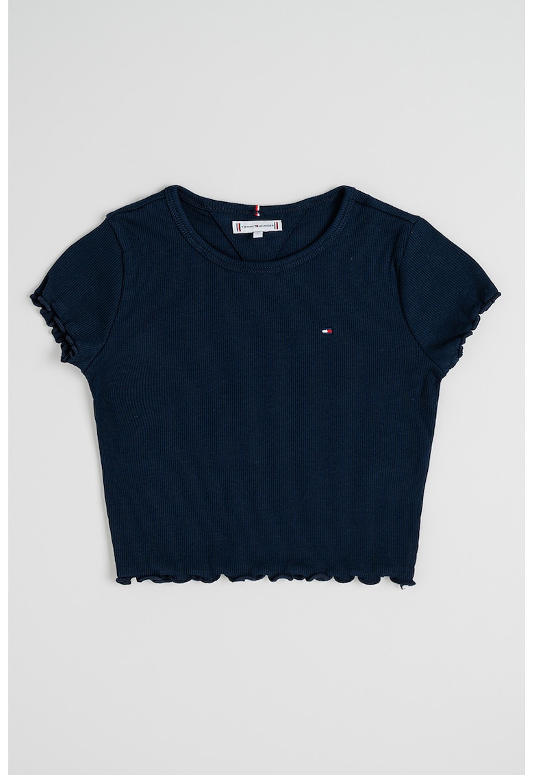Tricou crop slim fit cu terminatii valurite - Albastru ultramarin