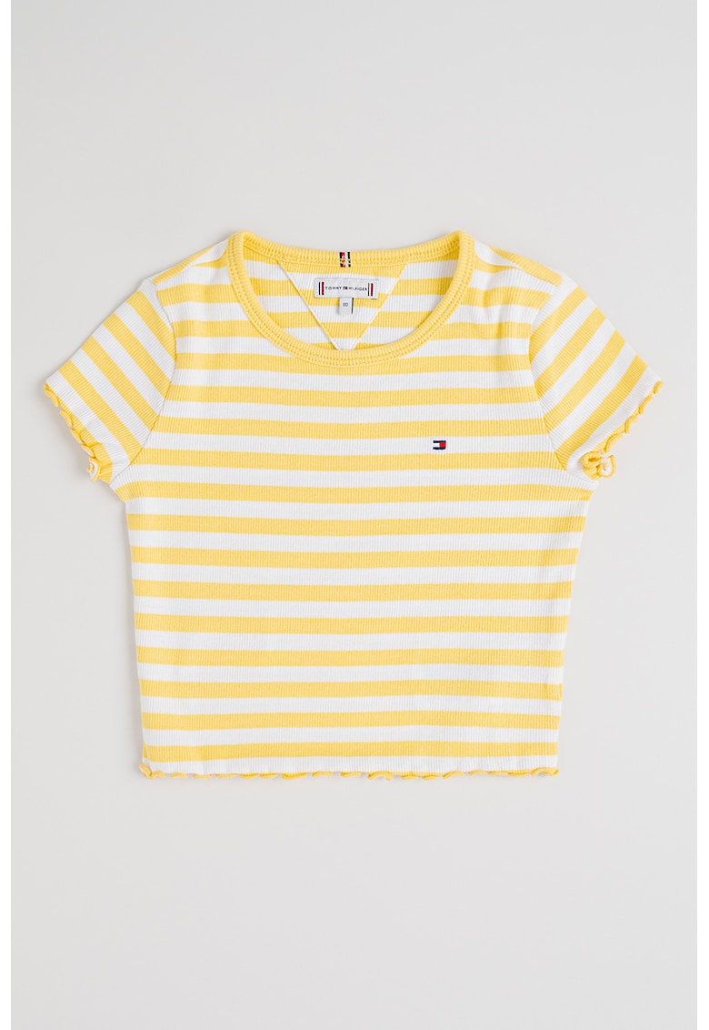 Tricou crop slim fit cu terminatii valurite - Alb/Galben pai