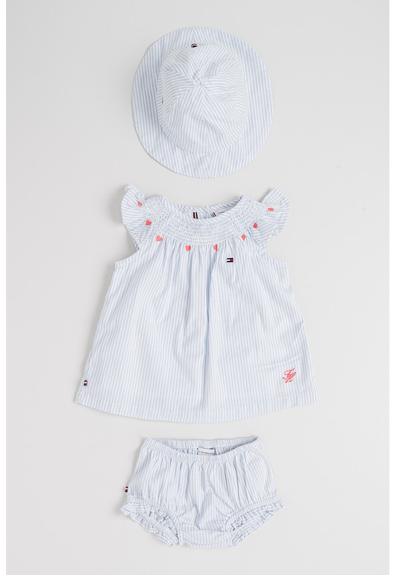 Set de rochie - chiloti si palari din amestec de bumbac organic cu model in dungi - 3 piese - Alb/Albastru deschis