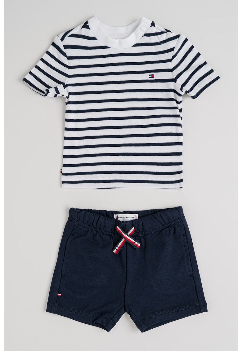 Set de tricou in dungi si pantaloni scurti cu model uni - 2 piese - Alb/Albastru ultramarin