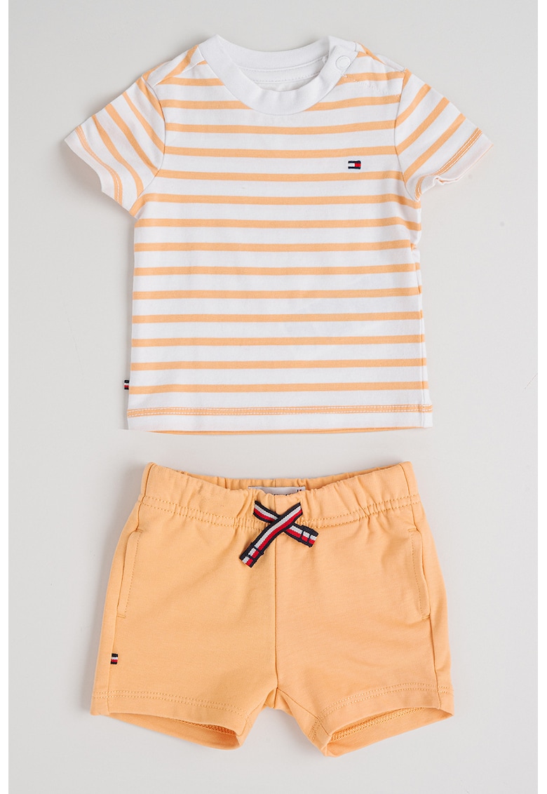 Set de tricou in dungi si pantaloni scurti cu model uni - 2 piese - Alb/Portocaliu mandarina