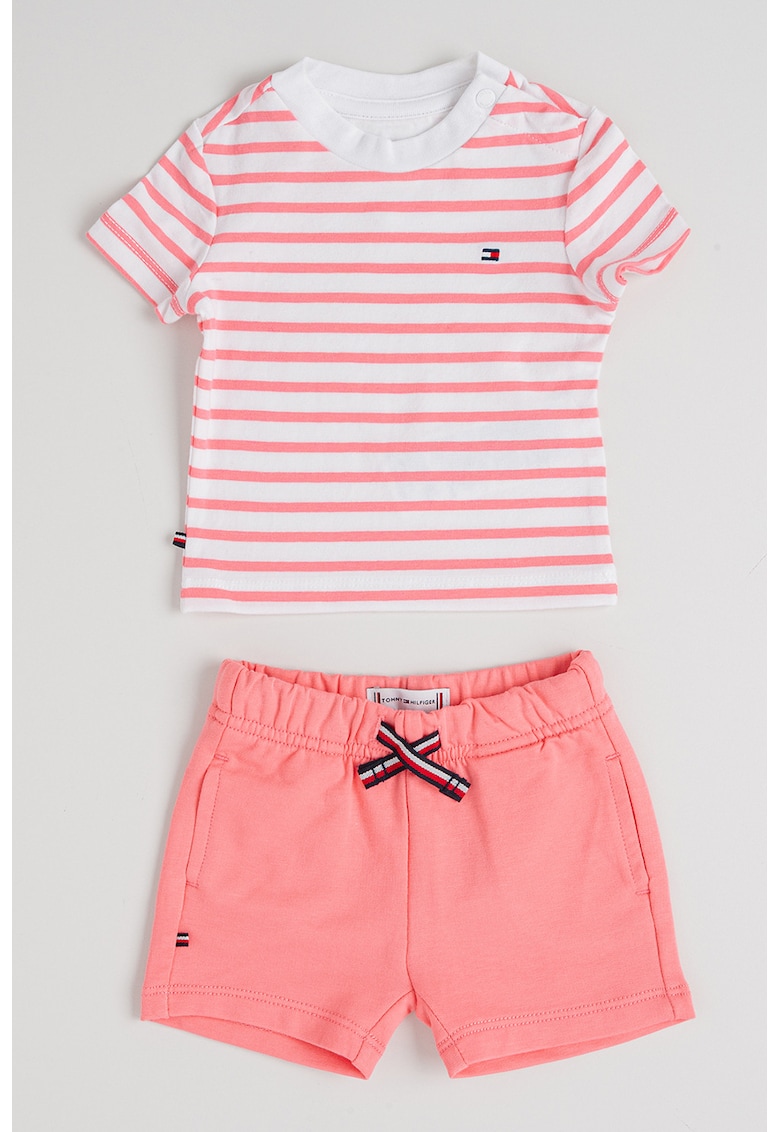 Set de tricou in dungi si pantaloni scurti cu model uni - 2 piese - Alb/Fucsia