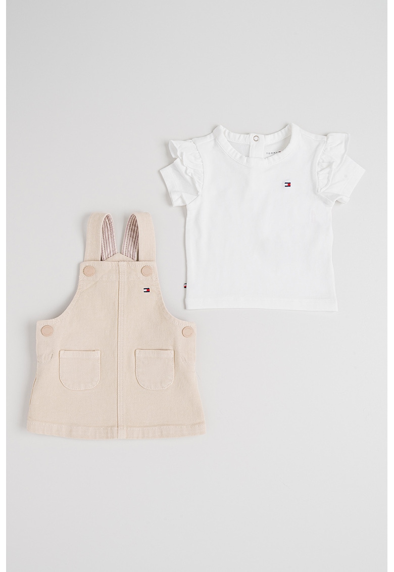 Set de sarafan din denim si tricou cu volane - 2 piese - Bej/Alb optic
