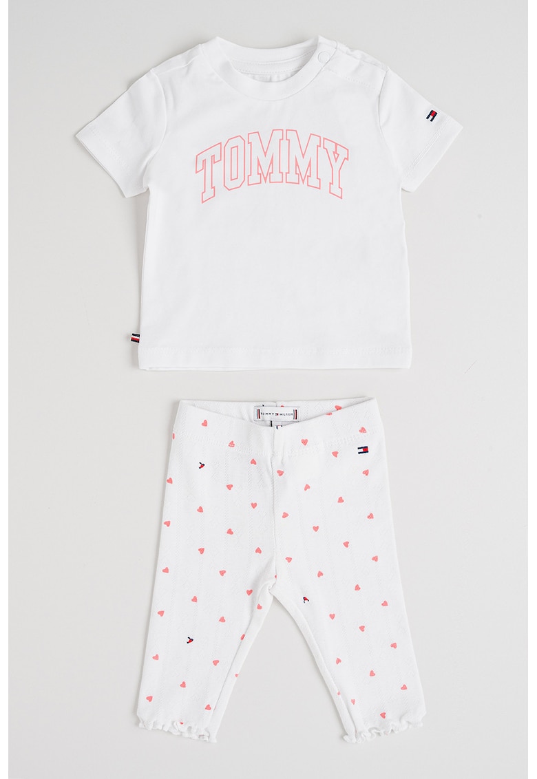 Set de tricou cu imprimeu logo si colanti cu model cu inimi - 2 piese - Alb/Fucsia