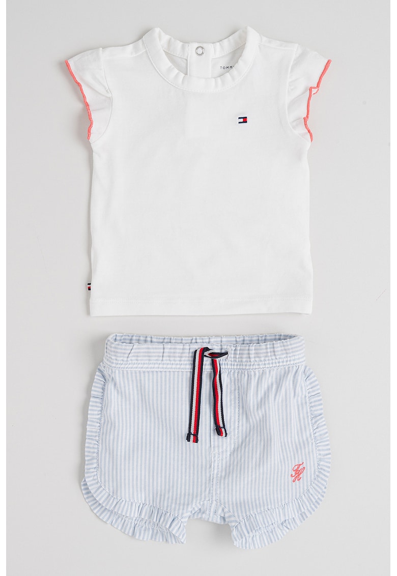Set de tricou si pantaloni scurti cu aplicatii de volane - 2 piese - Albastru pastel/Alb optic