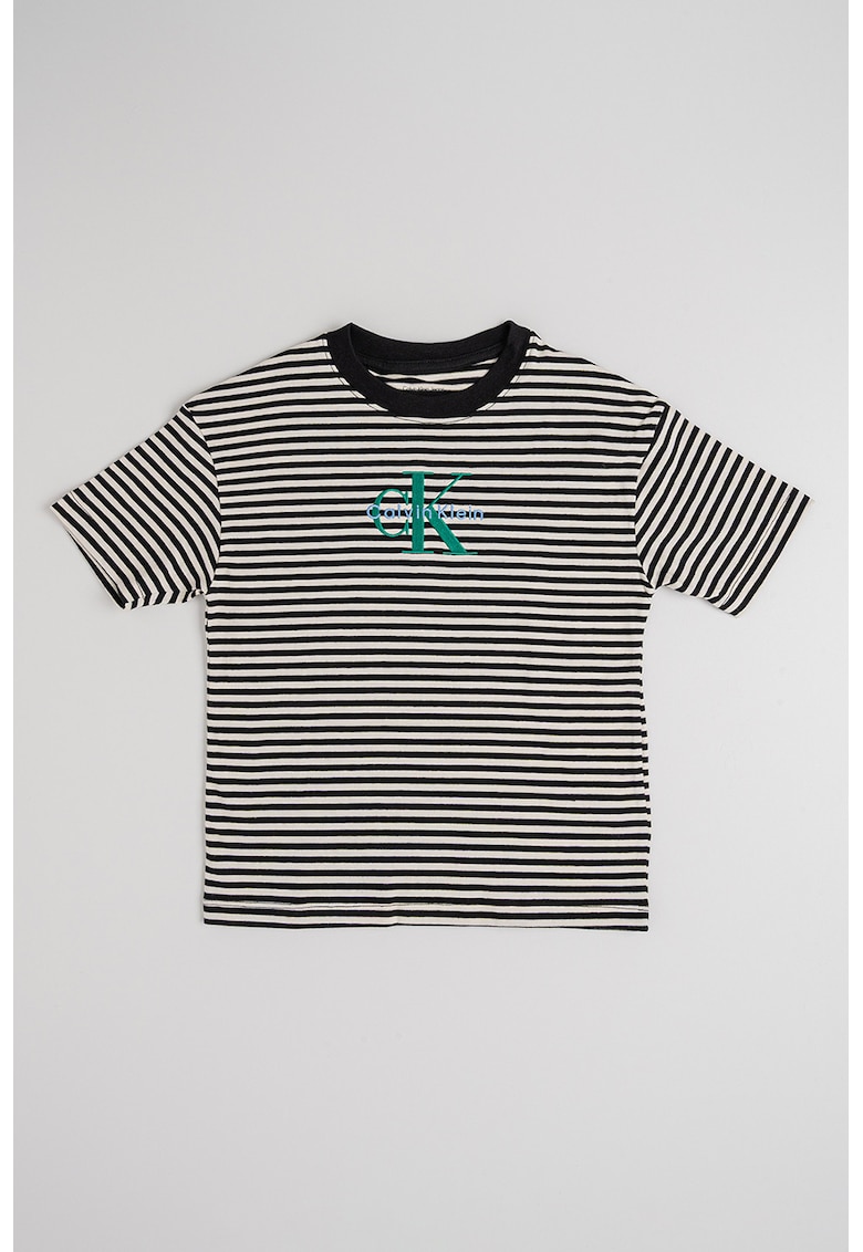 Tricou din bumbac organic cu model in dungi si logo brodat - Negru/Crem