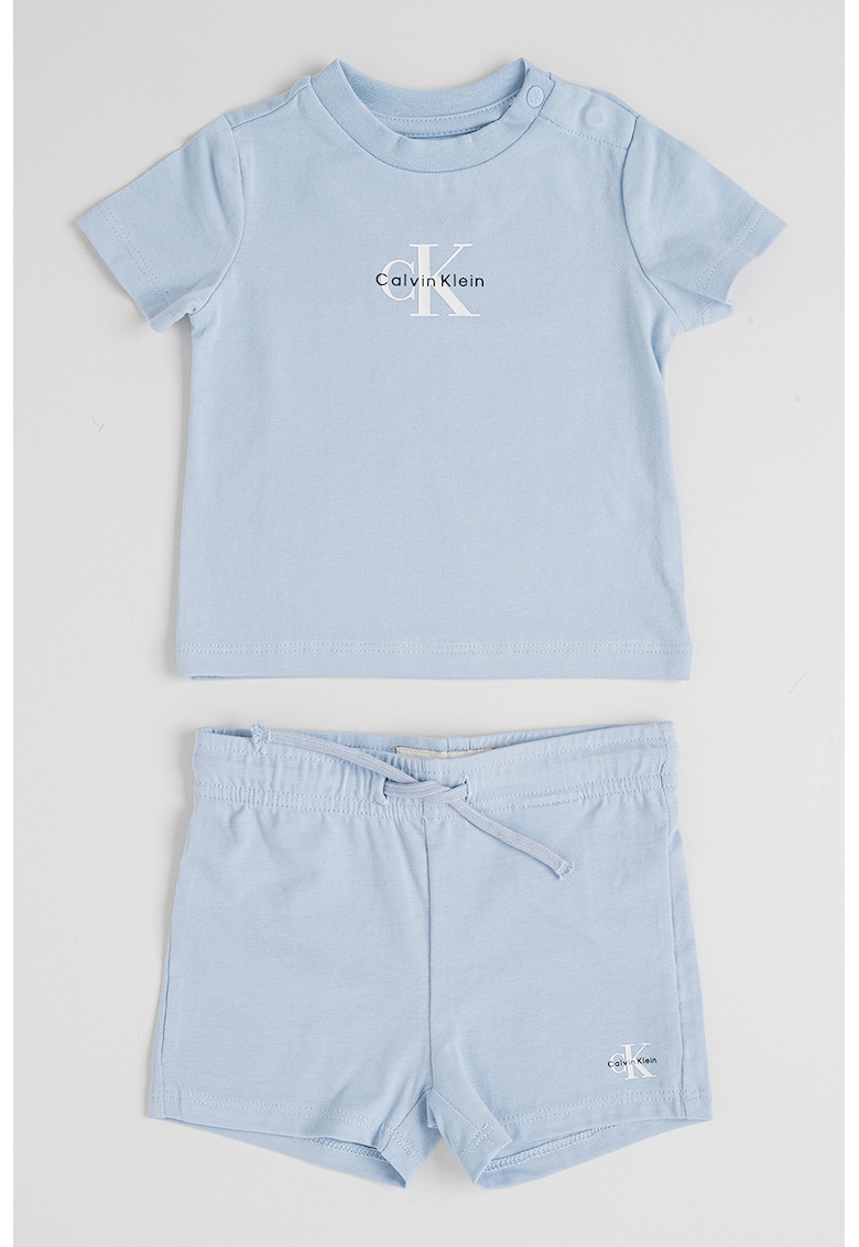 Set de tricou si pantaloni scurti cu logo - Albastru pastel