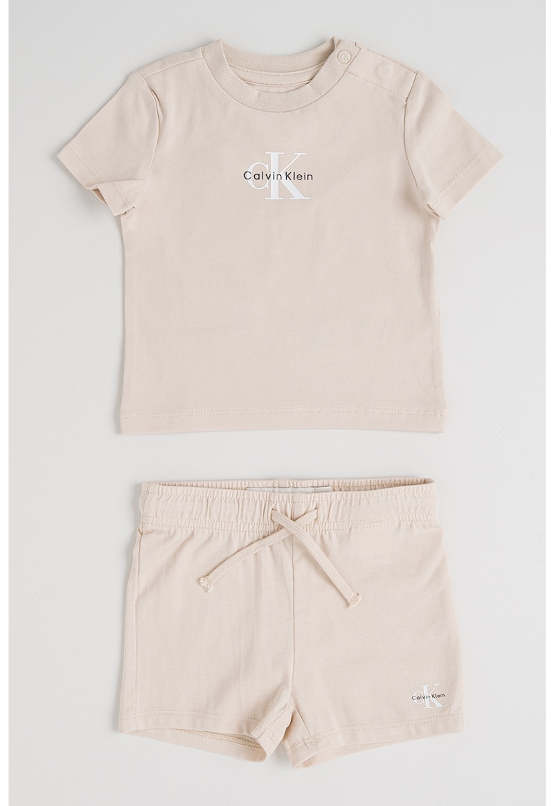 Set de tricou si pantaloni scurti cu logo - Bej inchis