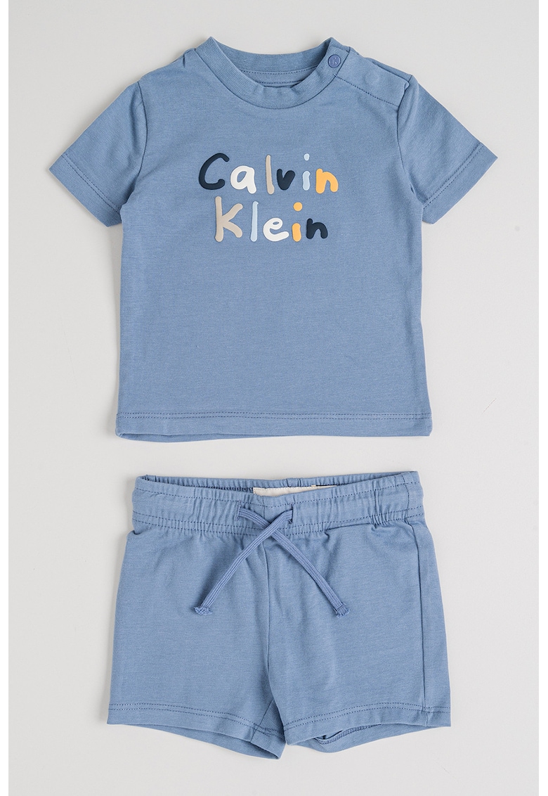 Set de tricou cu decolteu la baza gatului si pantaloni scurti cu logo - Albastru stins