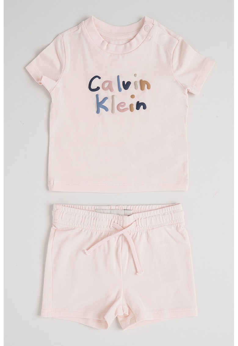 Set de tricou cu decolteu la baza gatului si pantaloni scurti cu logo - Nude rose
