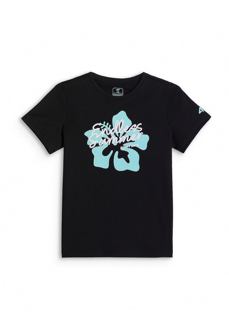 Tricou sport regular - negru/albastru - bumbac - pentru fete