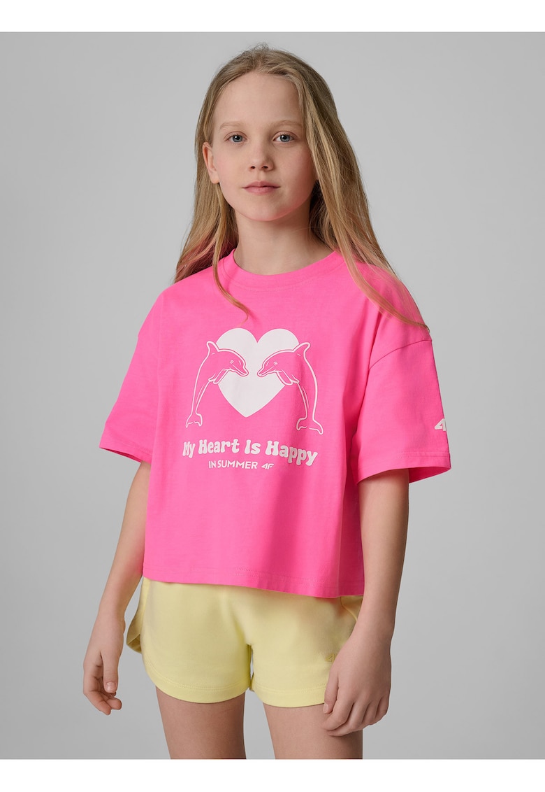 Tricou sport pentru fete - croiala lejera - imprimeu atragator - roz/alb - bumbac
