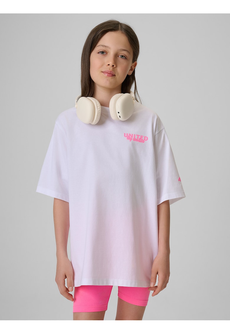 Tricou sport pentru fete - croiala lejera - imprimeu grafic - alb - bumbac
