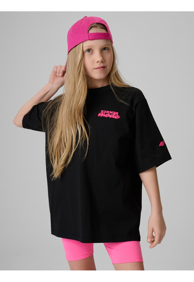Tricou sport pentru fete - croiala lejera - imprimeu - negru/roz - bumbac