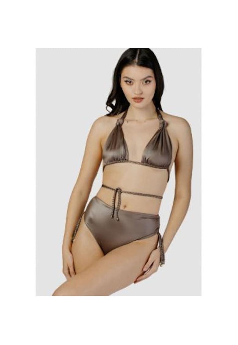 Costum de baie in doua piese cu cupe triunghiulare si slip cu talie inalta - Maro