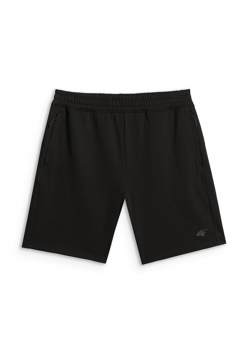 Pantaloni scurti de trening barbati croiala regular - talie ajustabila - buzunare cu fermoar - negru - french terry -