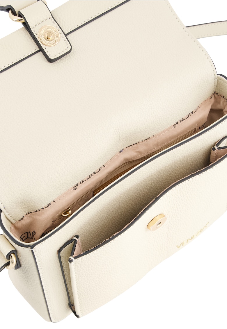 Geanta crossbody bej piele naturala rigida 15x23x7cm curea reglabila aurii