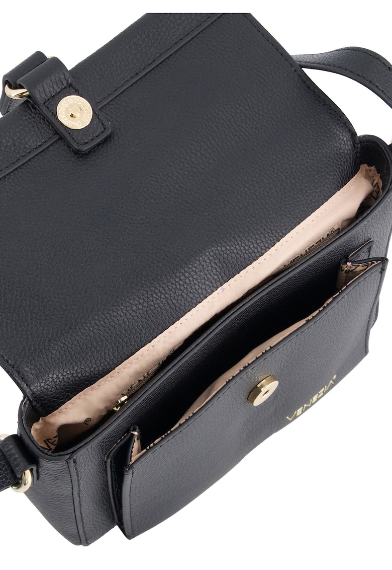 Geanta crossbody - piele naturala - negru - 15x23x7cm - curea reglabila - elemente aurii
