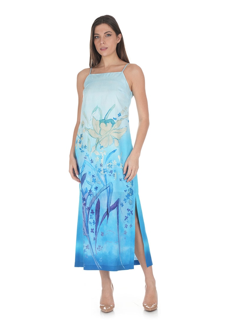 Rochie evazata cu imprimeu floral si decolteu patrat