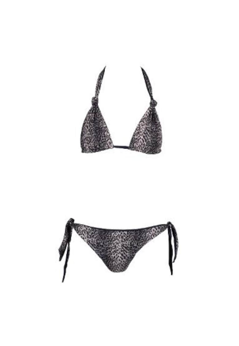 costum in doua piese reversibil cu sutien triunghilar si slip legat pe lateral - Multicolor