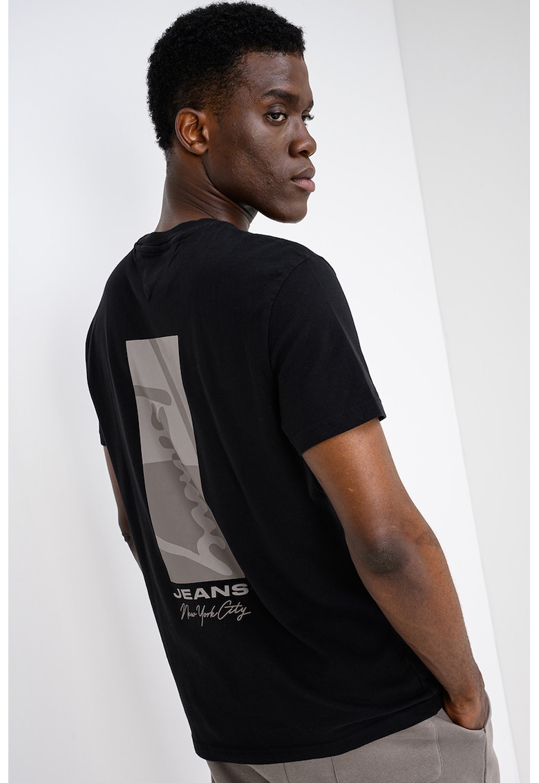 Tricou din bumbac cu decolteu la baza gatului si logo - Alb/Negru