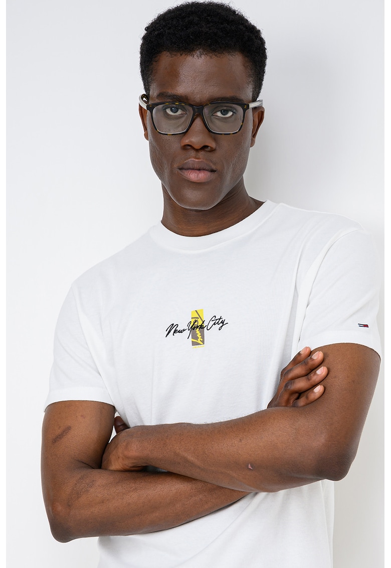 Tricou din bumbac cu decolteu la baza gatului si logo - Negru/Alb murdar