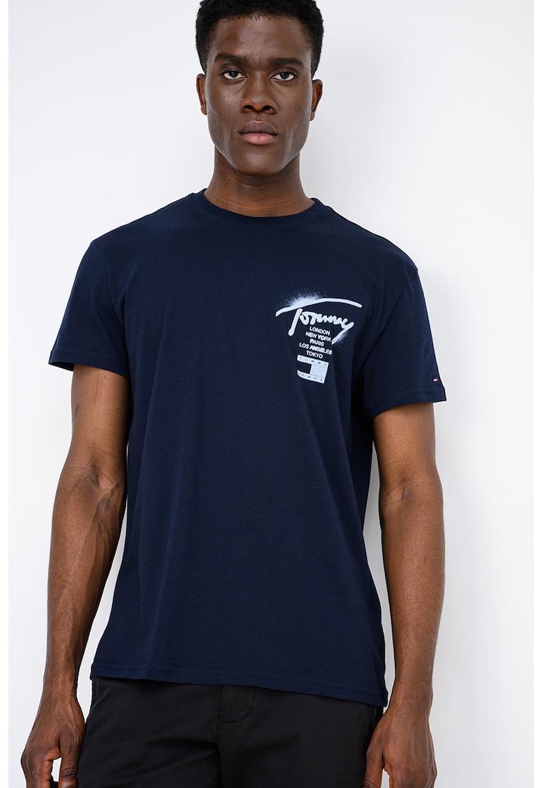 Tricou de bumbac cu decolteu la baza gatului - Bleumarin