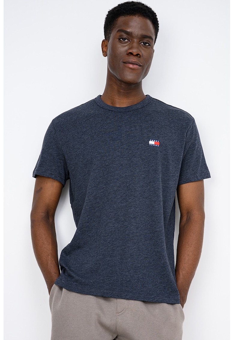 Tricou regular fit cu detaliu cu broderie logo - Albastru melange