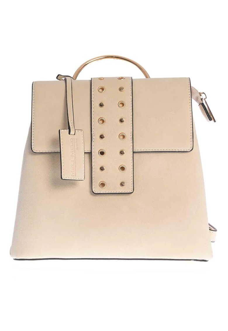 Rucsac bej elegant cu maner metalic si detalii cu capse aurii