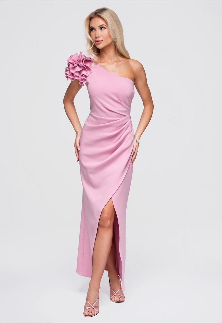Rochie elegantă maxi cu drapare și decolteu asimetric LA-OM-DLR377 - Roz