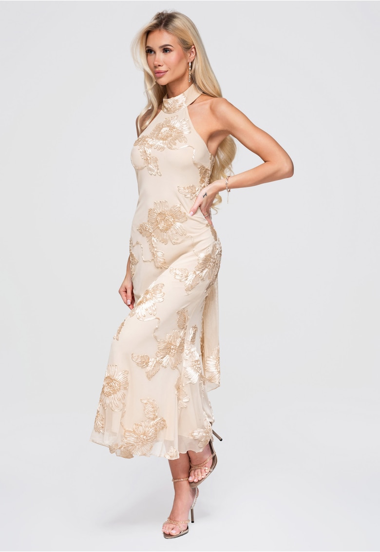 Rochie maxi cu decolteu halter - talie evidentiata si aplicatii florale - Bej