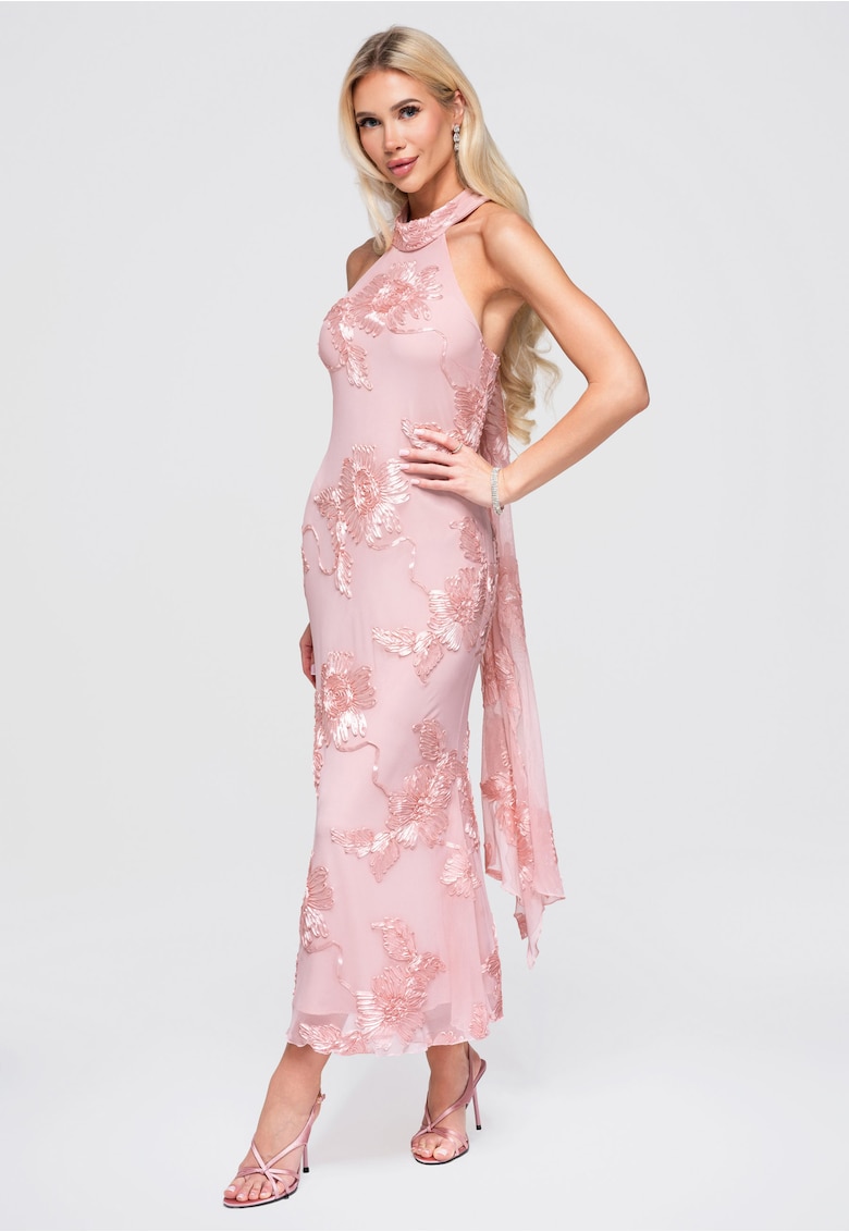 Rochie maxi cu decolteu halter - talie evidentiata si aplicatii florale - Roz