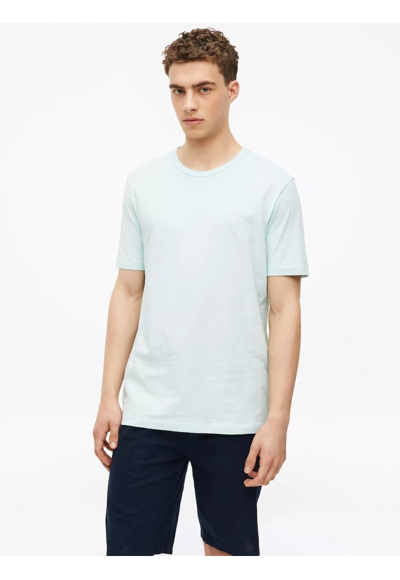 Tricou de bumbac cu decolteu la baza gatului - Albastru glaciar - Turcoaz deschis